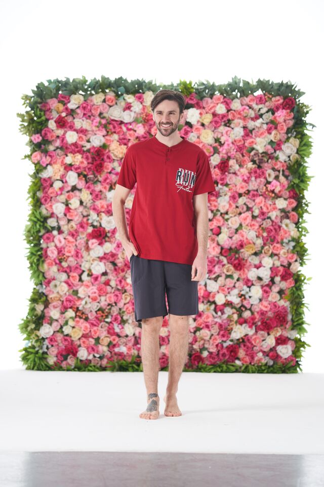 Erkek Yazlık Run Baskılı Kısa Kollu Düğmeli Şortlu Penye Pijama Takımı L - Bordo