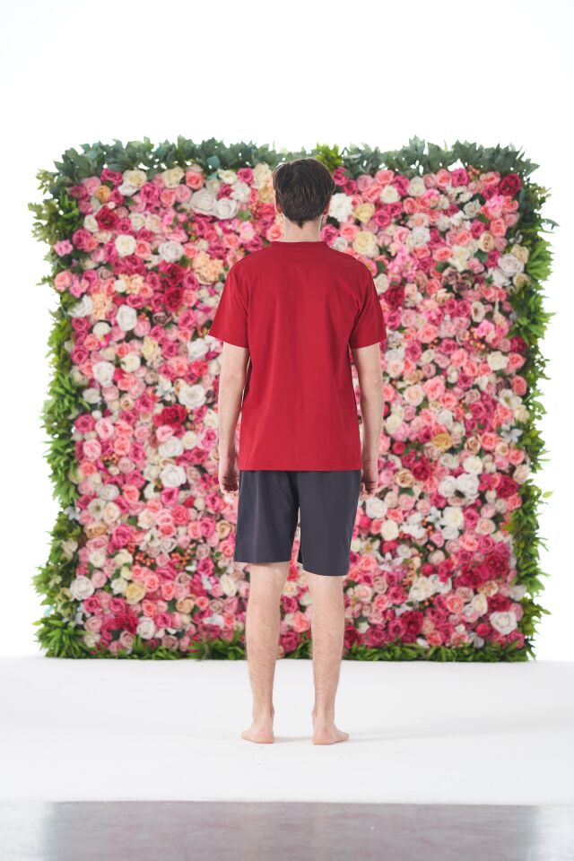 Erkek Yazlık Run Baskılı Kısa Kollu Düğmeli Şortlu Penye Pijama Takımı XL - Bordo