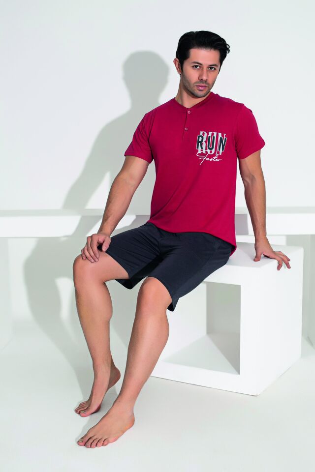 Erkek Yazlık Run Baskılı Kısa Kollu Düğmeli Şortlu Penye Pijama Takımı XL - Bordo