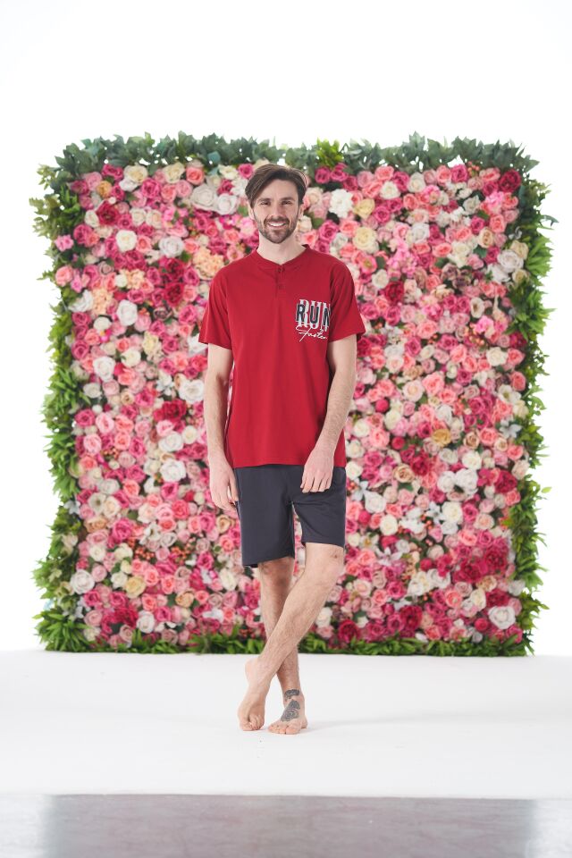 Erkek Yazlık Run Baskılı Kısa Kollu Düğmeli Şortlu Penye Pijama Takımı 2XL - Bordo