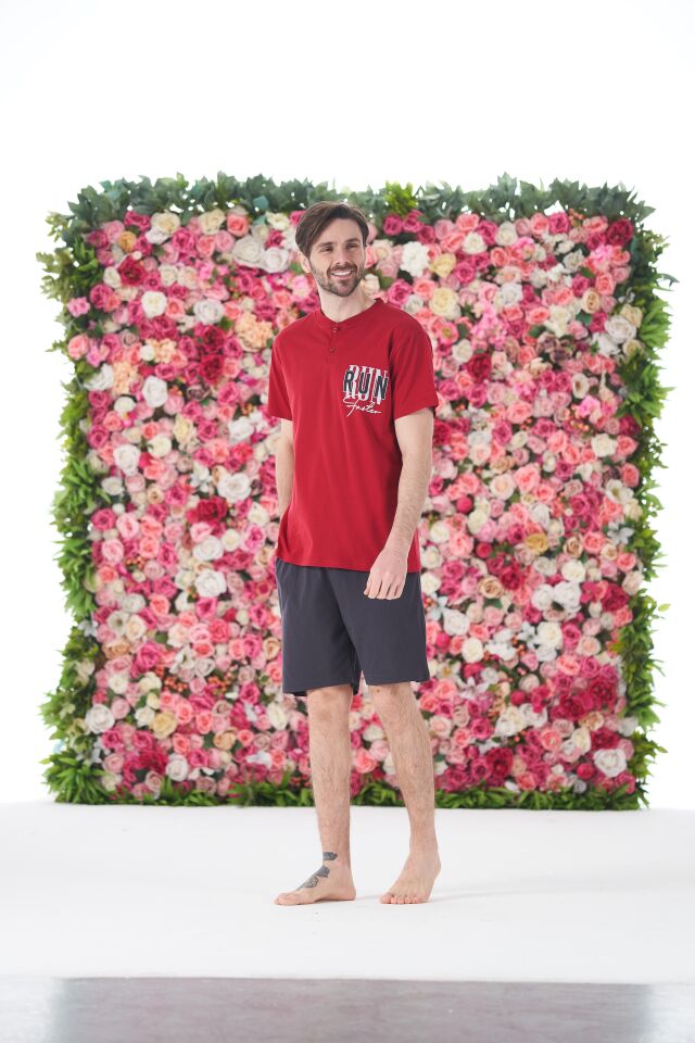 Erkek Yazlık Run Baskılı Kısa Kollu Düğmeli Şortlu Penye Pijama Takımı 2XL - Bordo