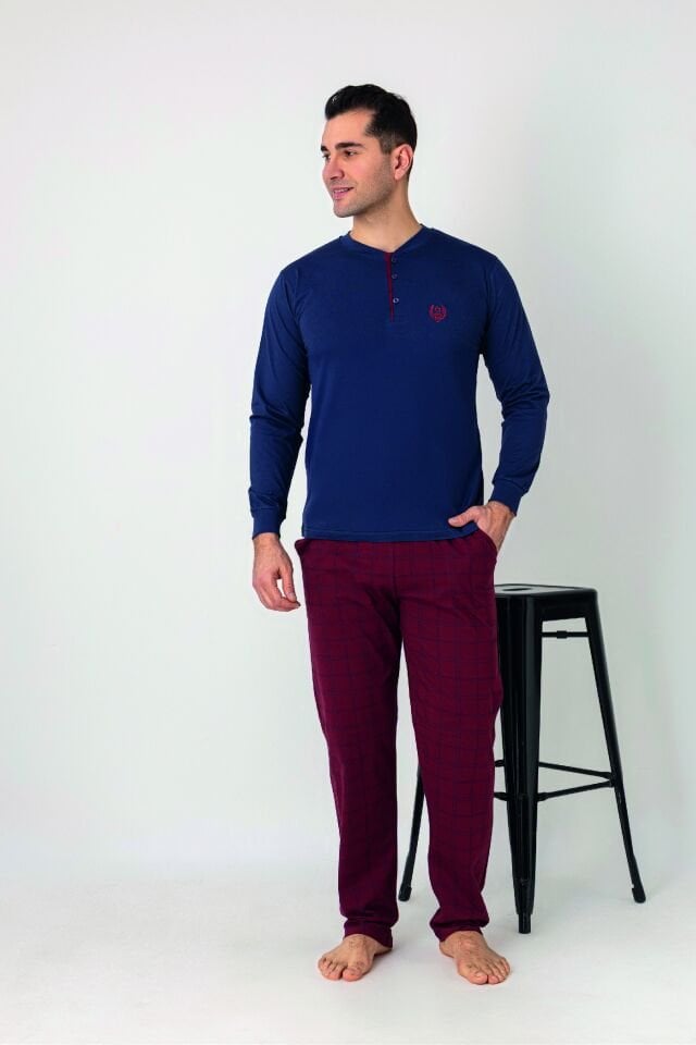 Estiva Erkek Kareli Alt Desenli Mavi Kırmızı Uzun Kollu Patlı Penye Pijama Takımı