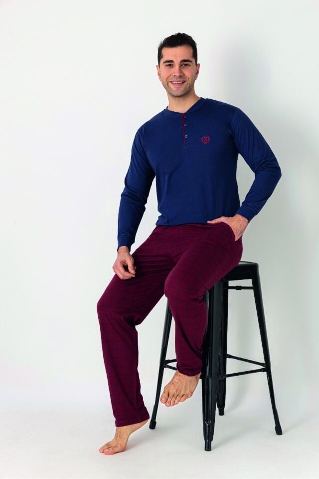 Estiva Erkek Kareli Alt Desenli Mavi Kırmızı Uzun Kollu Patlı Penye Pijama Takımı