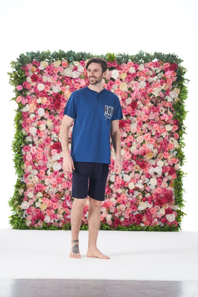 Erkek Yazlık Run Baskılı Kısa Kollu Düğmeli Şortlu Penye Pijama Takımı L - İNDİGO