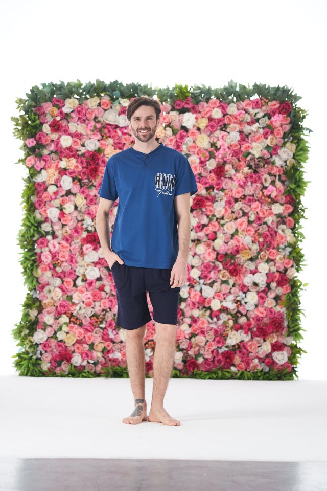 Erkek Yazlık Run Baskılı Kısa Kollu Düğmeli Şortlu Penye Pijama Takımı XL - İNDİGO