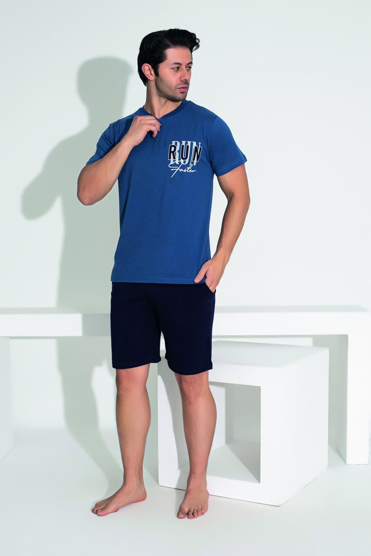 Erkek Yazlık Run Baskılı Kısa Kollu Düğmeli Şortlu Penye Pijama Takımı 2XL - İNDİGO
