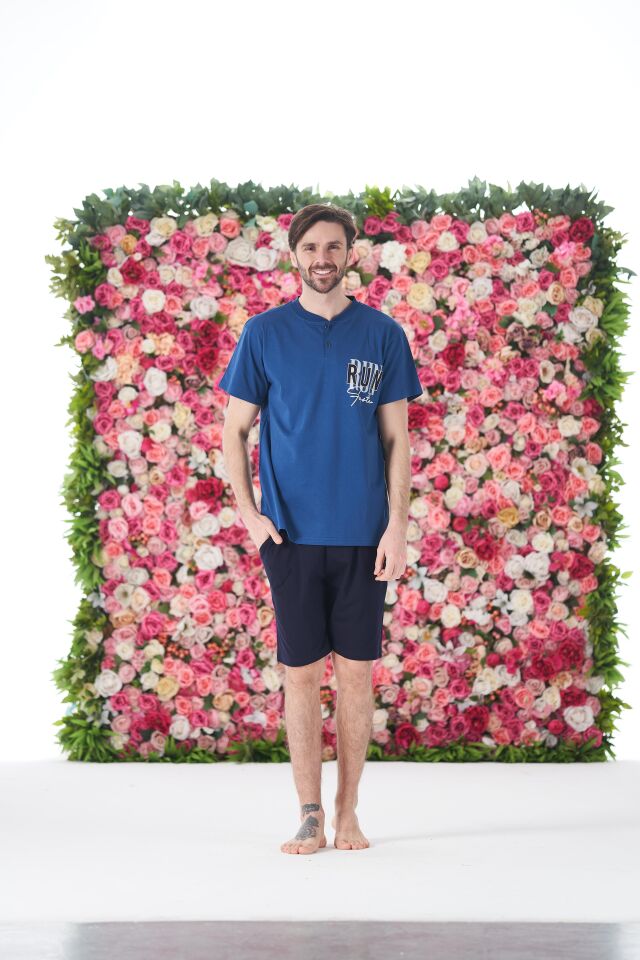 Erkek Yazlık Run Baskılı Kısa Kollu Düğmeli Şortlu Penye Pijama Takımı 2XL - İNDİGO