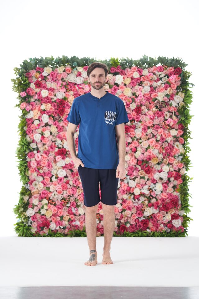 Erkek Yazlık Run Baskılı Kısa Kollu Düğmeli Şortlu Penye Pijama Takımı 2XL - İNDİGO