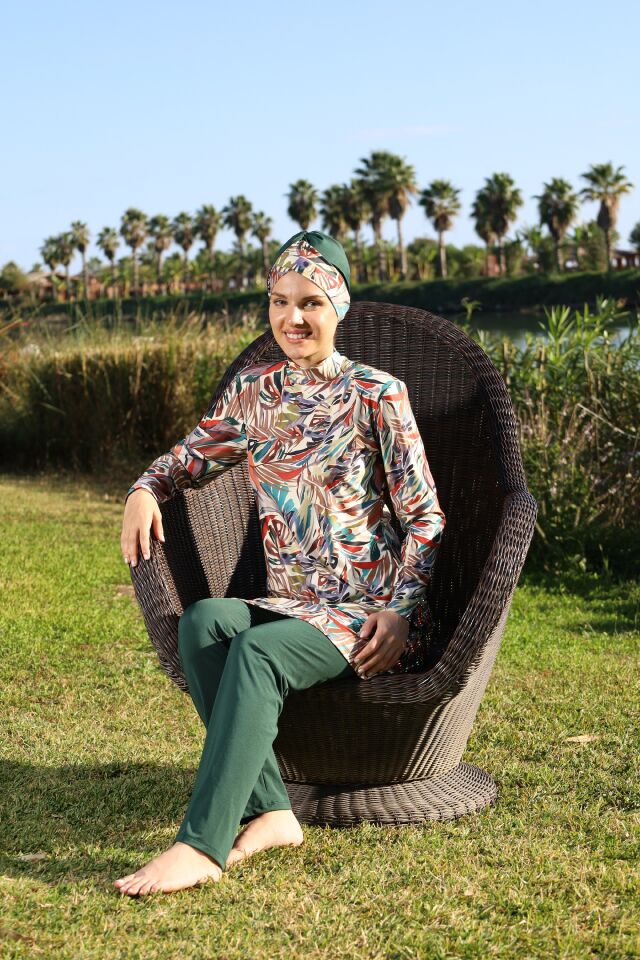 Estiva Leafy Desenli Taytlı Tam Kapalı Tesettür Mayo