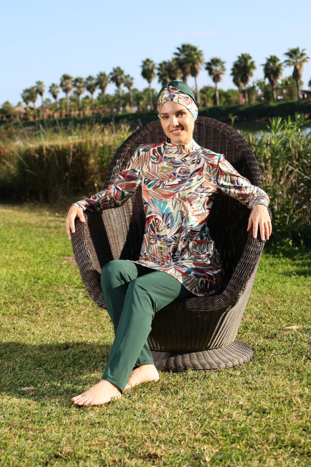 Estiva Leafy Desenli Taytlı Tam Kapalı Tesettür Mayo