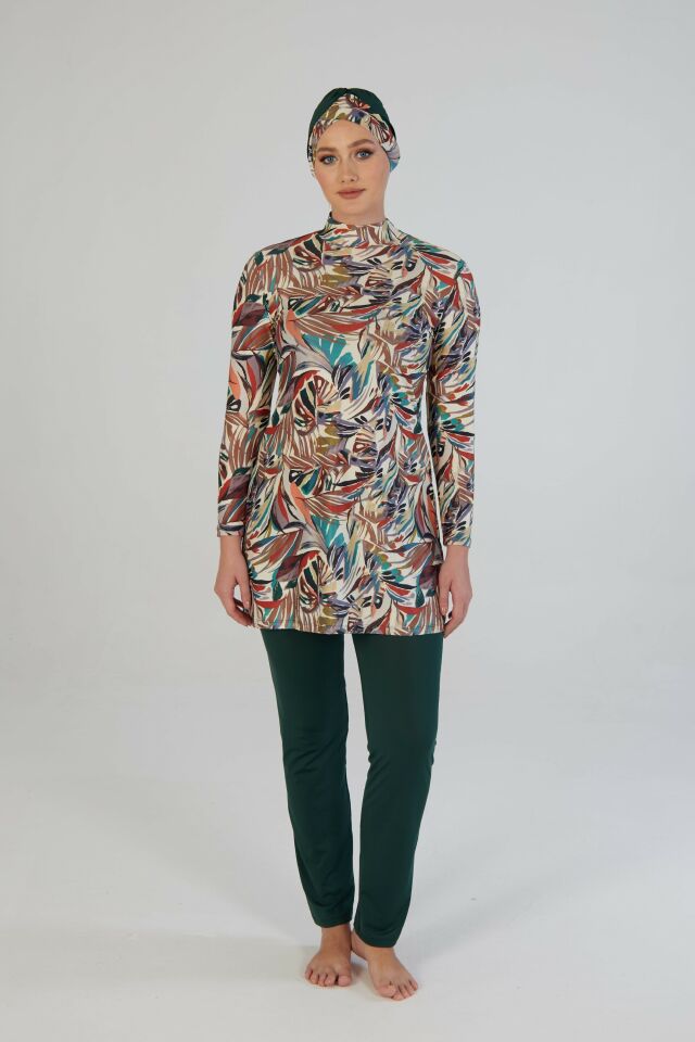 Estiva Leafy Desenli Taytlı Tam Kapalı Tesettür Mayo