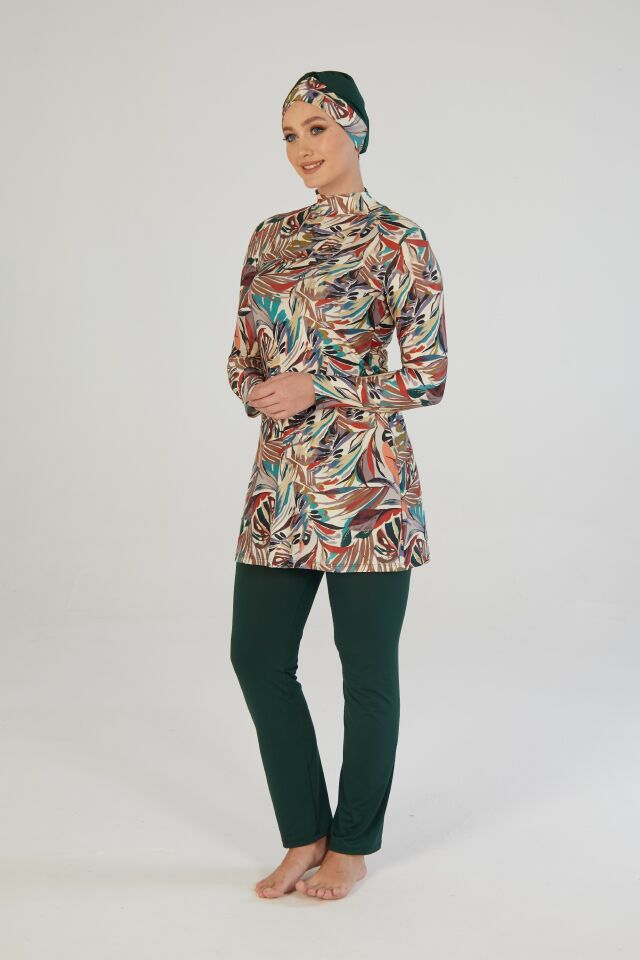 Estiva Leafy Desenli Taytlı Tam Kapalı Tesettür Mayo