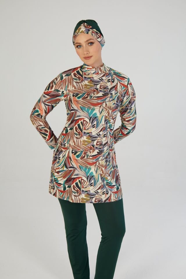 Estiva Leafy Desenli Taytlı Tam Kapalı Tesettür Mayo