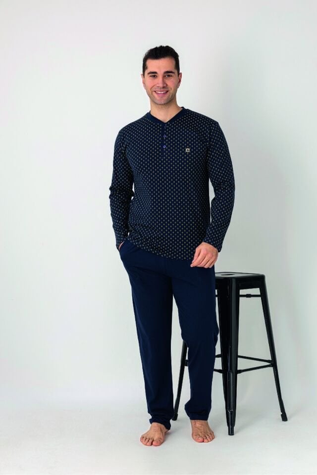 Estiva Erkek Üst Desenli Lacivert Uzun Kollu Patlı Penye Pijama Takımı