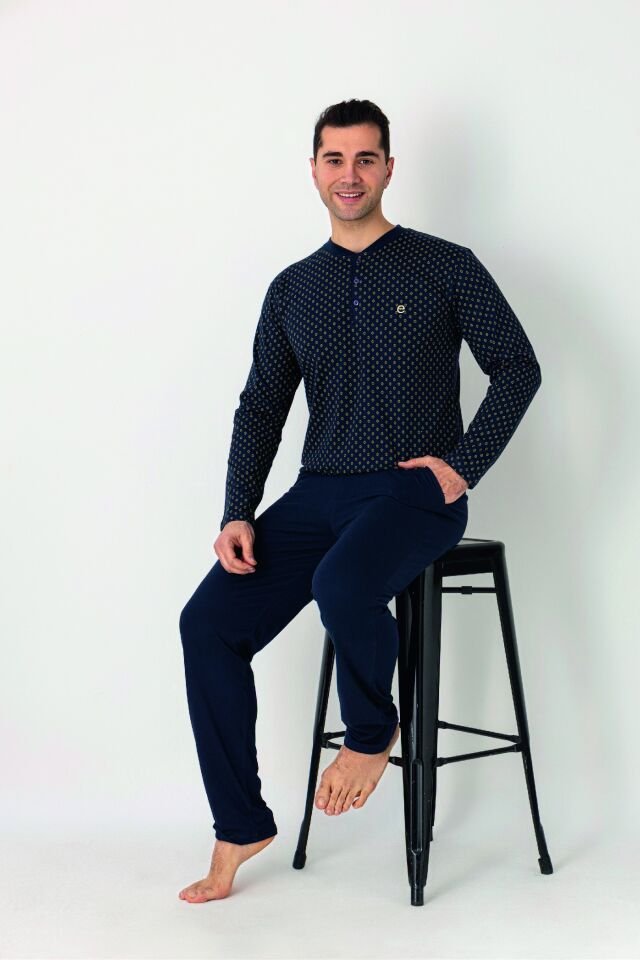 Estiva Erkek Üst Desenli Lacivert Uzun Kollu Patlı Penye Pijama Takımı