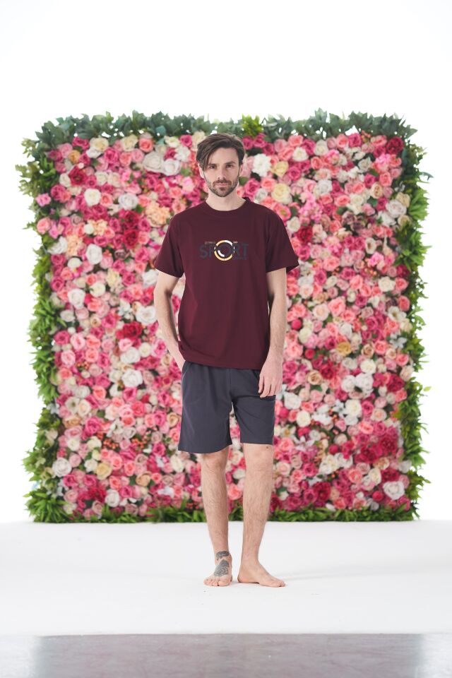 Erkek Yazlık Sport Baskılı Kısa Kollu Şortlu Penye Pijama Takımı M - Bordo