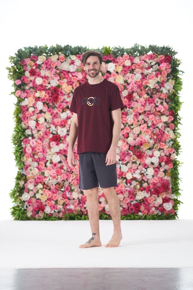 Erkek Yazlık Sport Baskılı Kısa Kollu Şortlu Penye Pijama Takımı M - Bordo