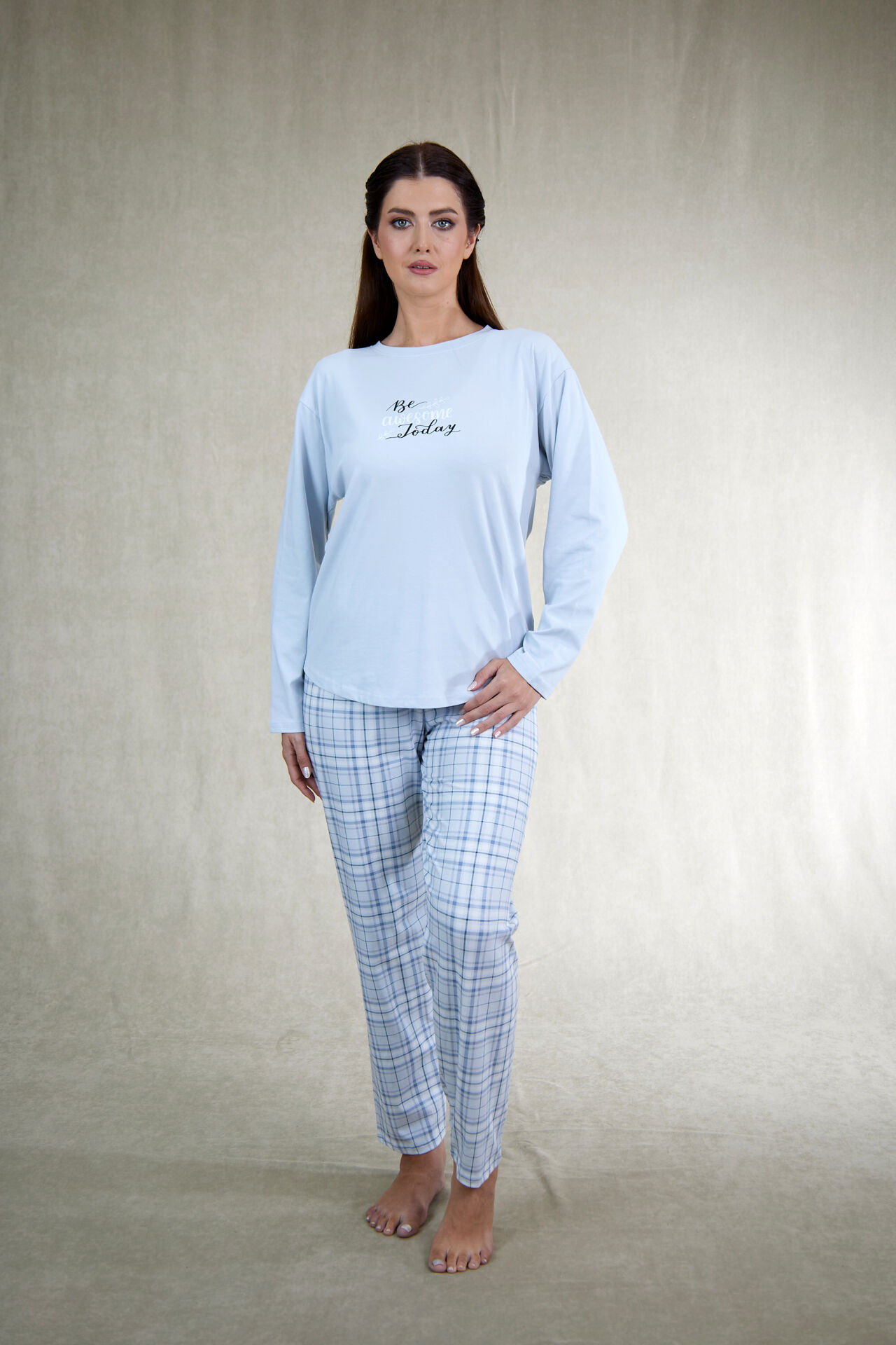 Estiva Kadın Kareli Mavi Penye Lycra Pijama Takımı