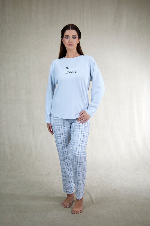 Estiva Kadın Kareli Mavi Penye Lycra Pijama Takımı