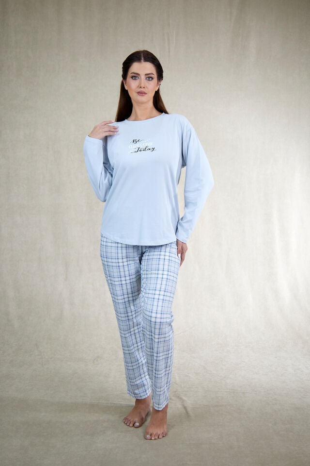 Estiva Kadın Kareli Mavi Penye Lycra Pijama Takımı alternatif görsel