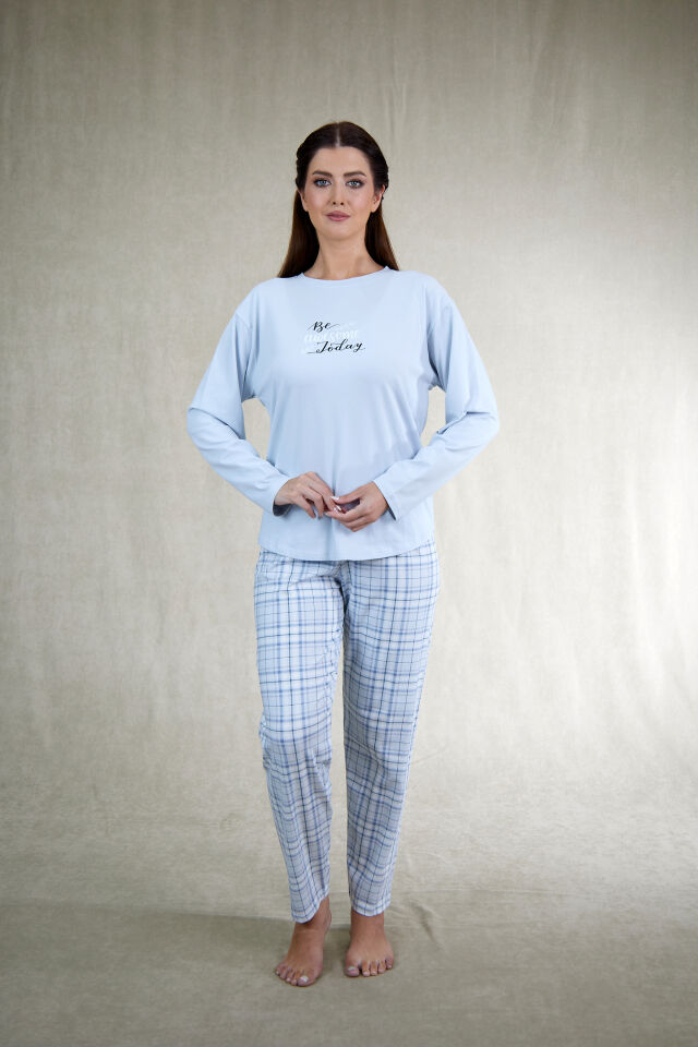 Estiva Kadın Kareli Mavi Penye Lycra Pijama Takımı