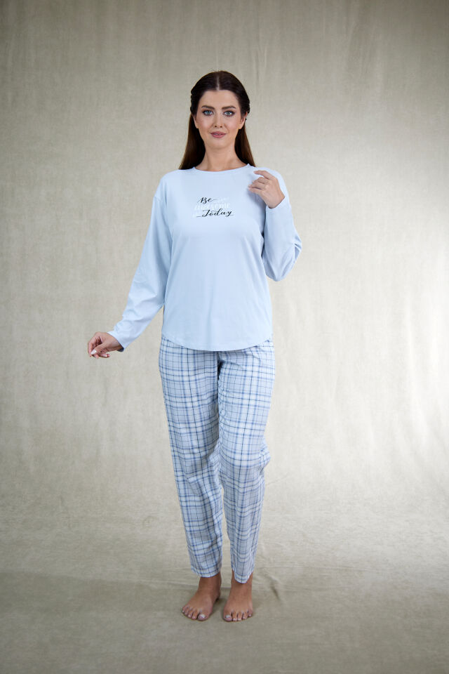Estiva Kadın Kareli Mavi Penye Lycra Pijama Takımı