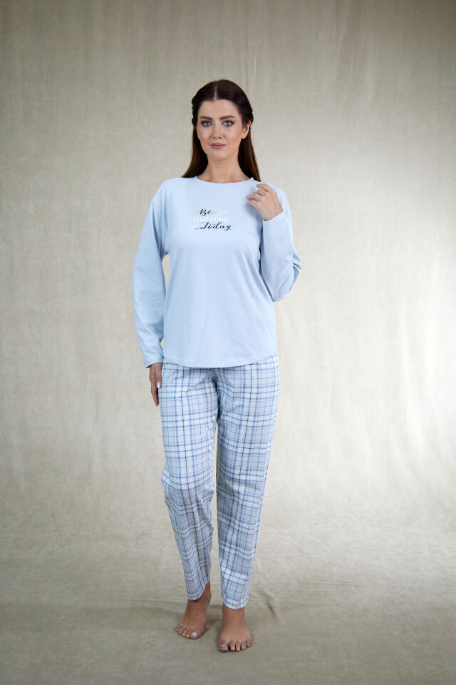 Estiva Kadın Kareli Mavi Penye Lycra Pijama Takımı