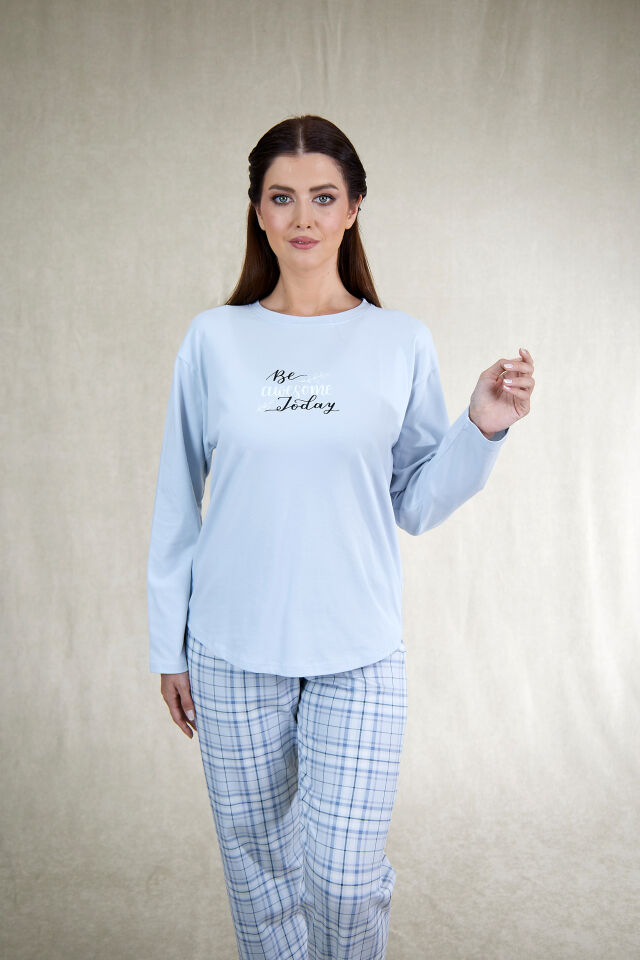 Estiva Kadın Kareli Mavi Penye Lycra Pijama Takımı