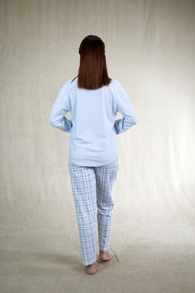 Estiva Kadın Kareli Mavi Penye Lycra Pijama Takımı