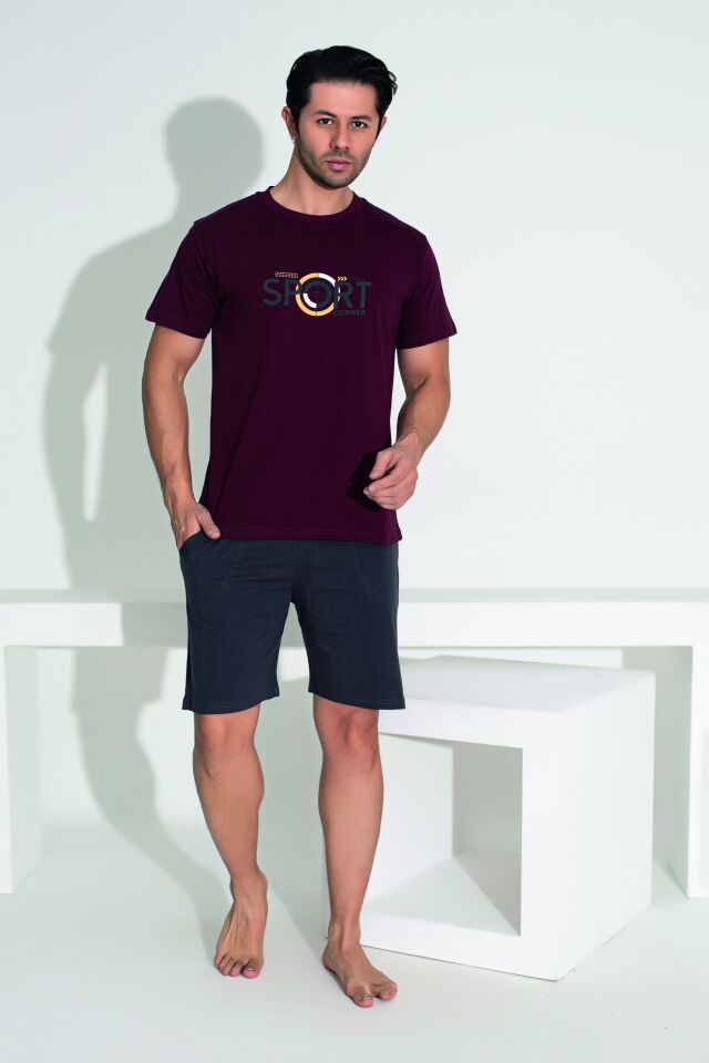 Erkek Yazlık Sport Baskılı Kısa Kollu Şortlu Penye Pijama Takımı XL - Bordo