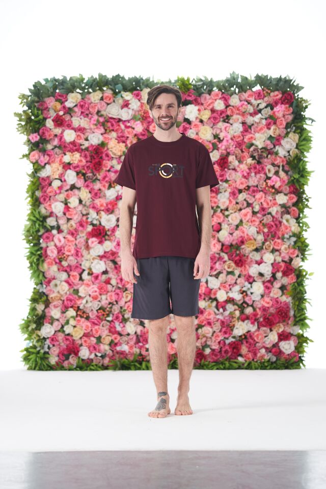 Erkek Yazlık Sport Baskılı Kısa Kollu Şortlu Penye Pijama Takımı XL - Bordo