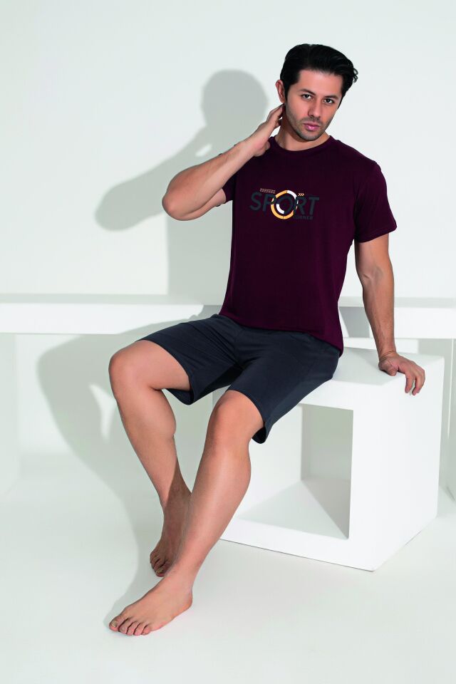 Erkek Yazlık Sport Baskılı Kısa Kollu Şortlu Penye Pijama Takımı 2XL - Bordo