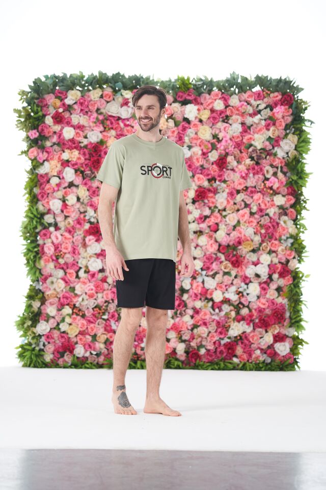 Erkek Yazlık Sport Baskılı Kısa Kollu Şortlu Penye Pijama Takımı XL - Yeşil