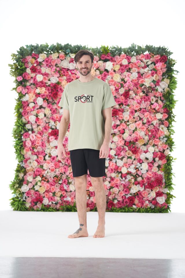 Erkek Yazlık Sport Baskılı Kısa Kollu Şortlu Penye Pijama Takımı XL - Yeşil