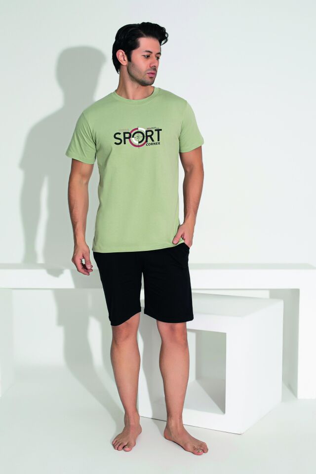 Erkek Yazlık Sport Baskılı Kısa Kollu Şortlu Penye Pijama Takımı XL - Yeşil