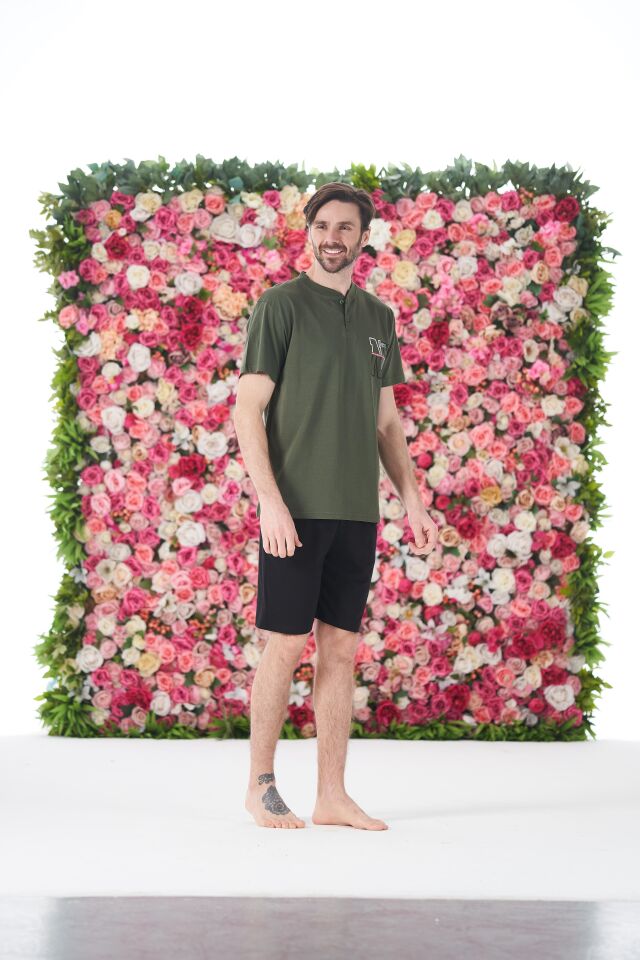 Erkek Yazlık NY Baskılı Kısa Kollu Düğmeli Şortlu Penye Pijama Takımı