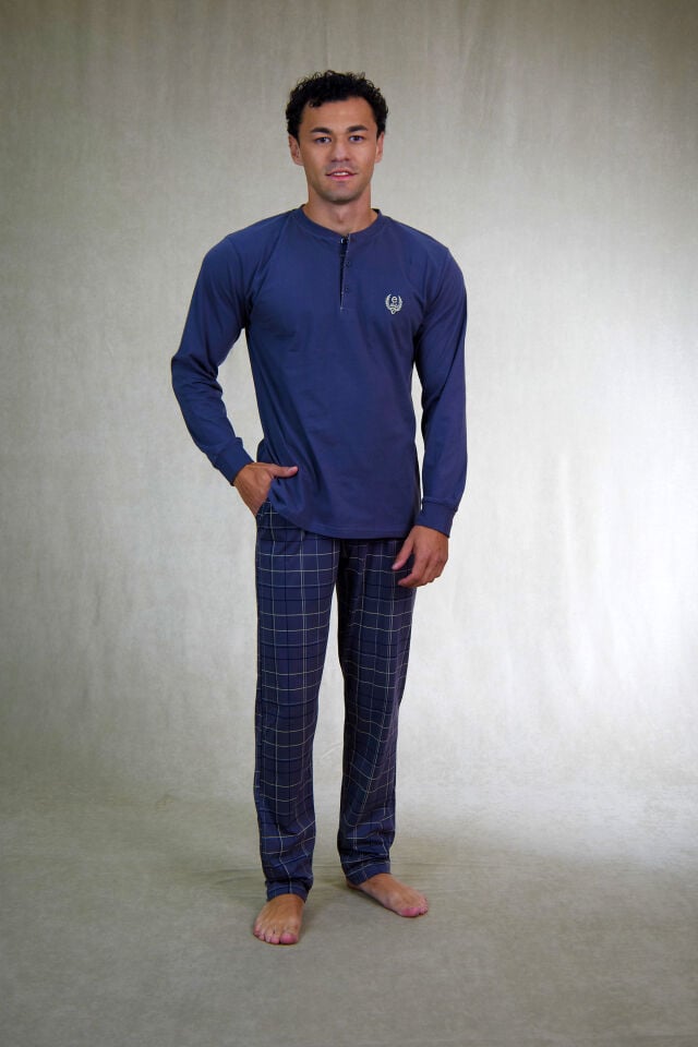 Estiva Erkek Kareli Alt Desenli Gri Uzun Kollu Patlı Penye Pijama Takımı