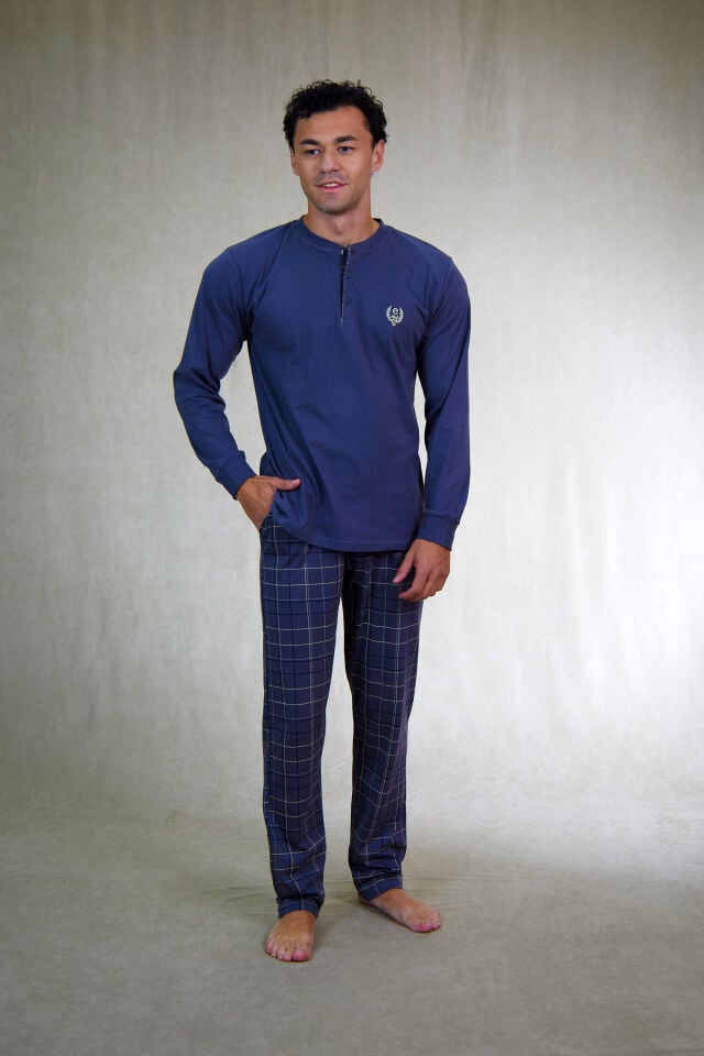 Estiva Erkek Kareli Alt Desenli Gri Uzun Kollu Patlı Penye Pijama Takımı