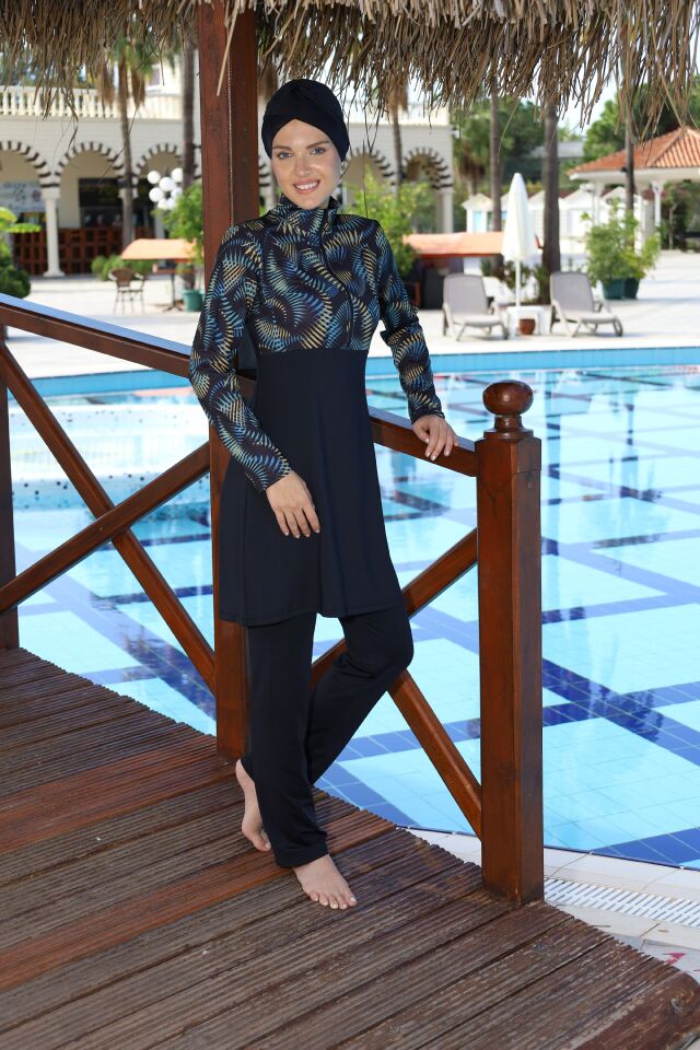 Estiva Tropikal Desenli Taytlı Tam Kapalı Tesettür Mayo