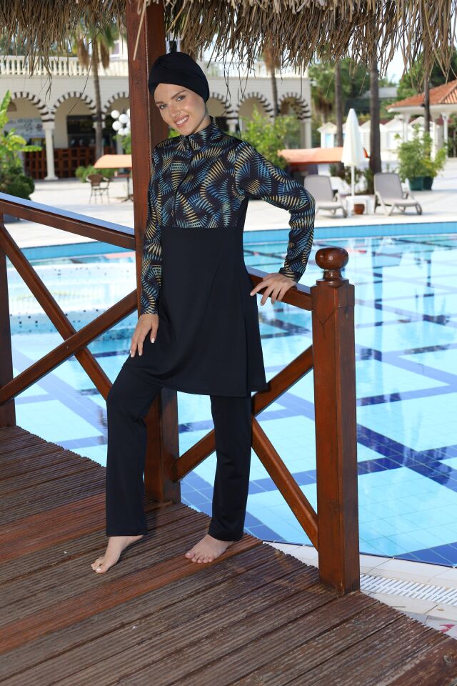 Estiva Tropikal Desenli Taytlı Tam Kapalı Tesettür Mayo