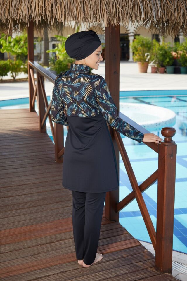 Estiva Tropikal Desenli Taytlı Tam Kapalı Tesettür Mayo