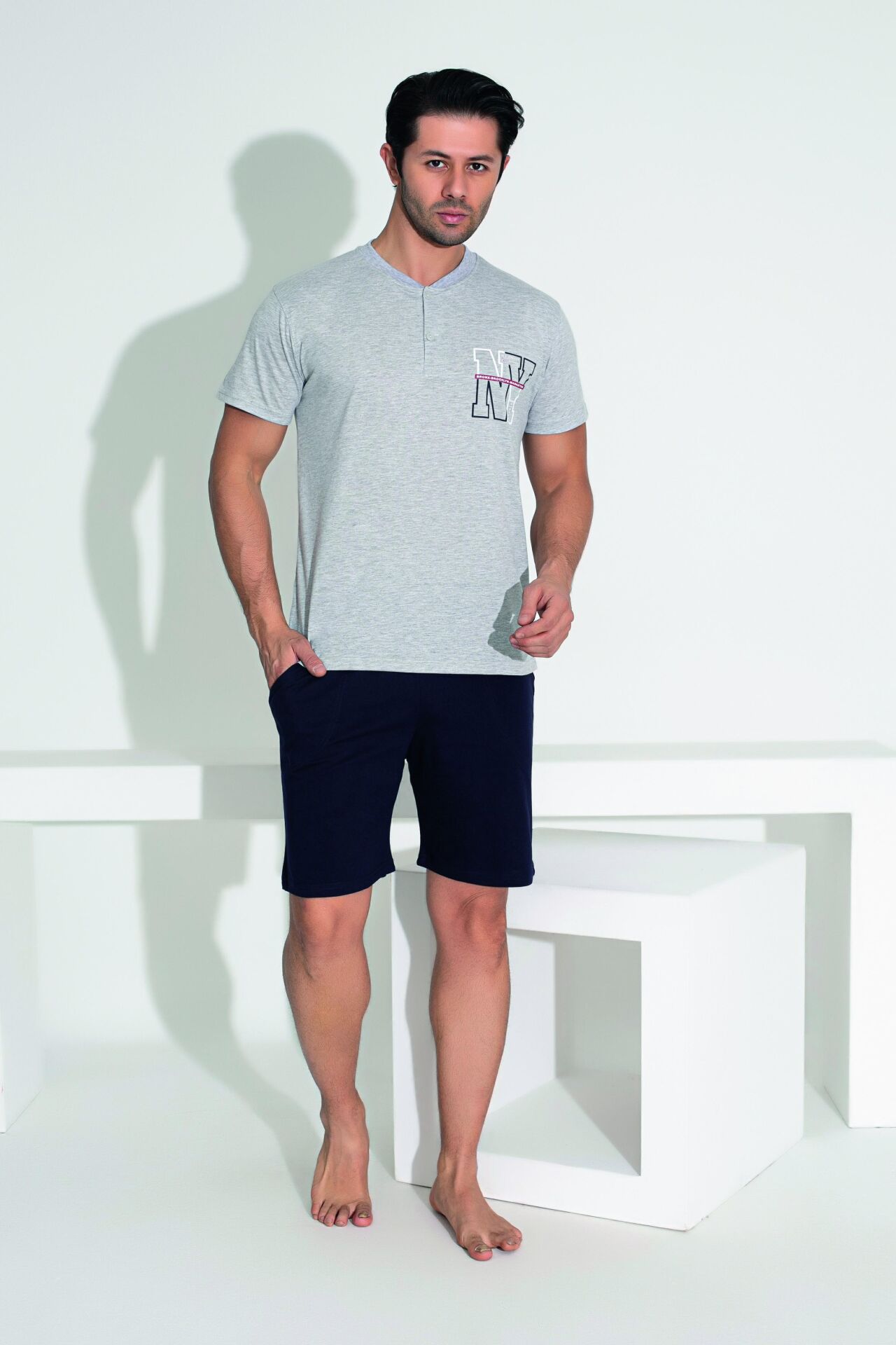 Erkek Yazlık NY Baskılı Kısa Kollu Düğmeli Şortlu Penye Pijama Takımı XL - Gri