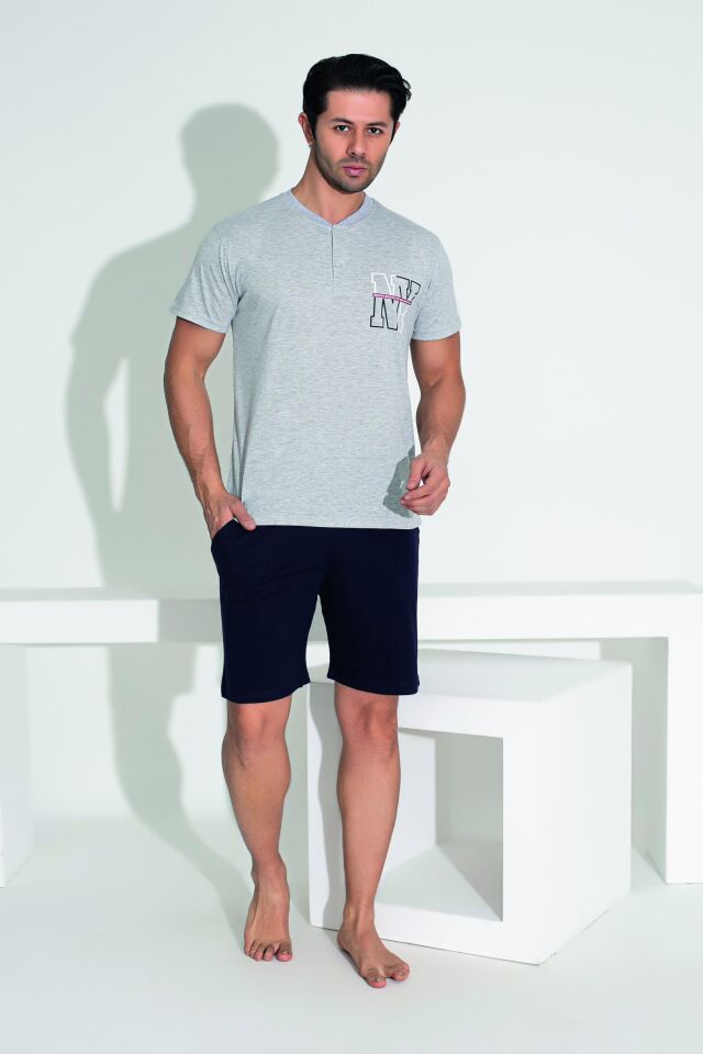 Erkek Yazlık NY Baskılı Kısa Kollu Düğmeli Şortlu Penye Pijama Takımı XL - Gri
