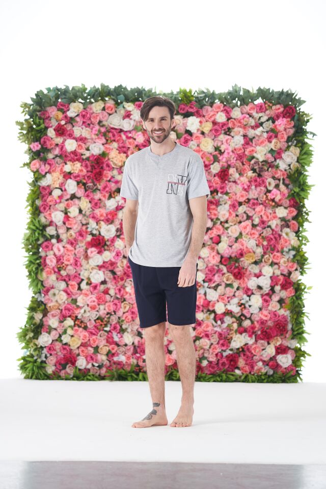 Erkek Yazlık NY Baskılı Kısa Kollu Düğmeli Şortlu Penye Pijama Takımı XL - Gri