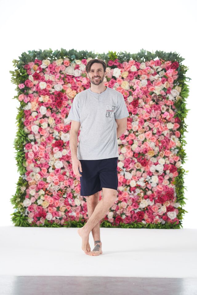 Erkek Yazlık NY Baskılı Kısa Kollu Düğmeli Şortlu Penye Pijama Takımı XL - Gri