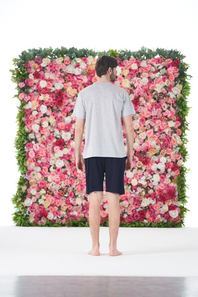 Erkek Yazlık NY Baskılı Kısa Kollu Düğmeli Şortlu Penye Pijama Takımı 2XL - Gri