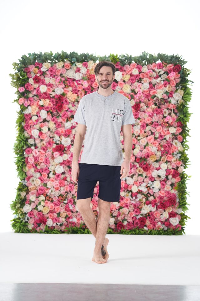 Erkek Yazlık NY Baskılı Kısa Kollu Düğmeli Şortlu Penye Pijama Takımı 2XL - Gri