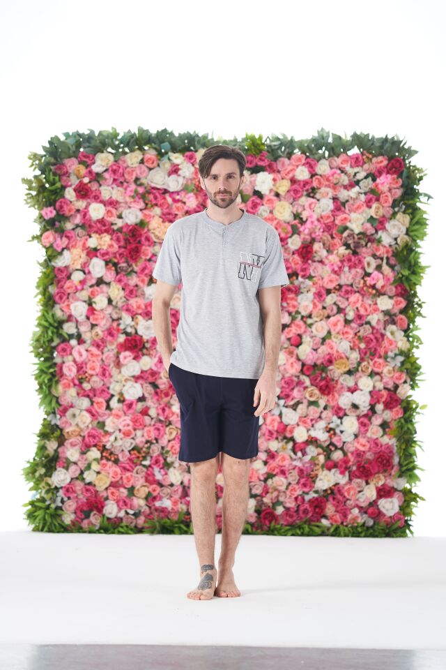 Erkek Yazlık NY Baskılı Kısa Kollu Düğmeli Şortlu Penye Pijama Takımı 2XL - Gri