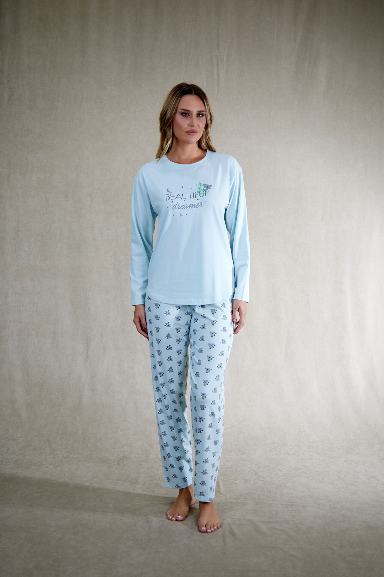 Estiva Kadın Koala Desenli Mavi Penye Lycra Pijama Takımı