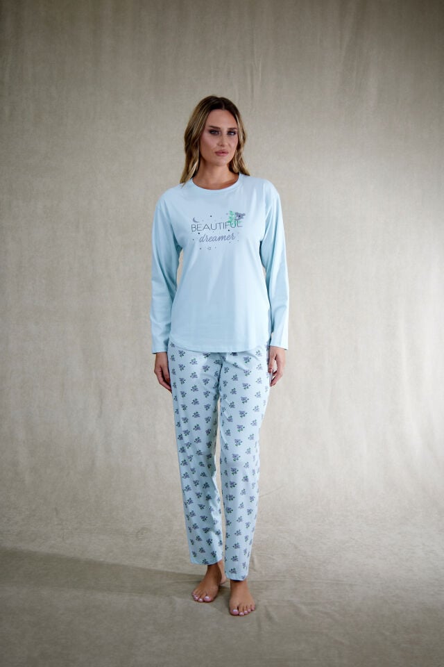 Estiva Kadın Koala Desenli Mavi Penye Lycra Pijama Takımı